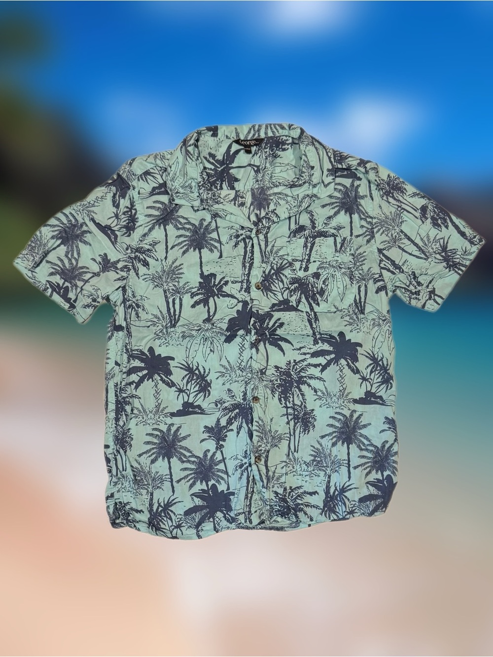 George Men’s Size Medium Green Short Sleeve Button Down with Navy Palm Print